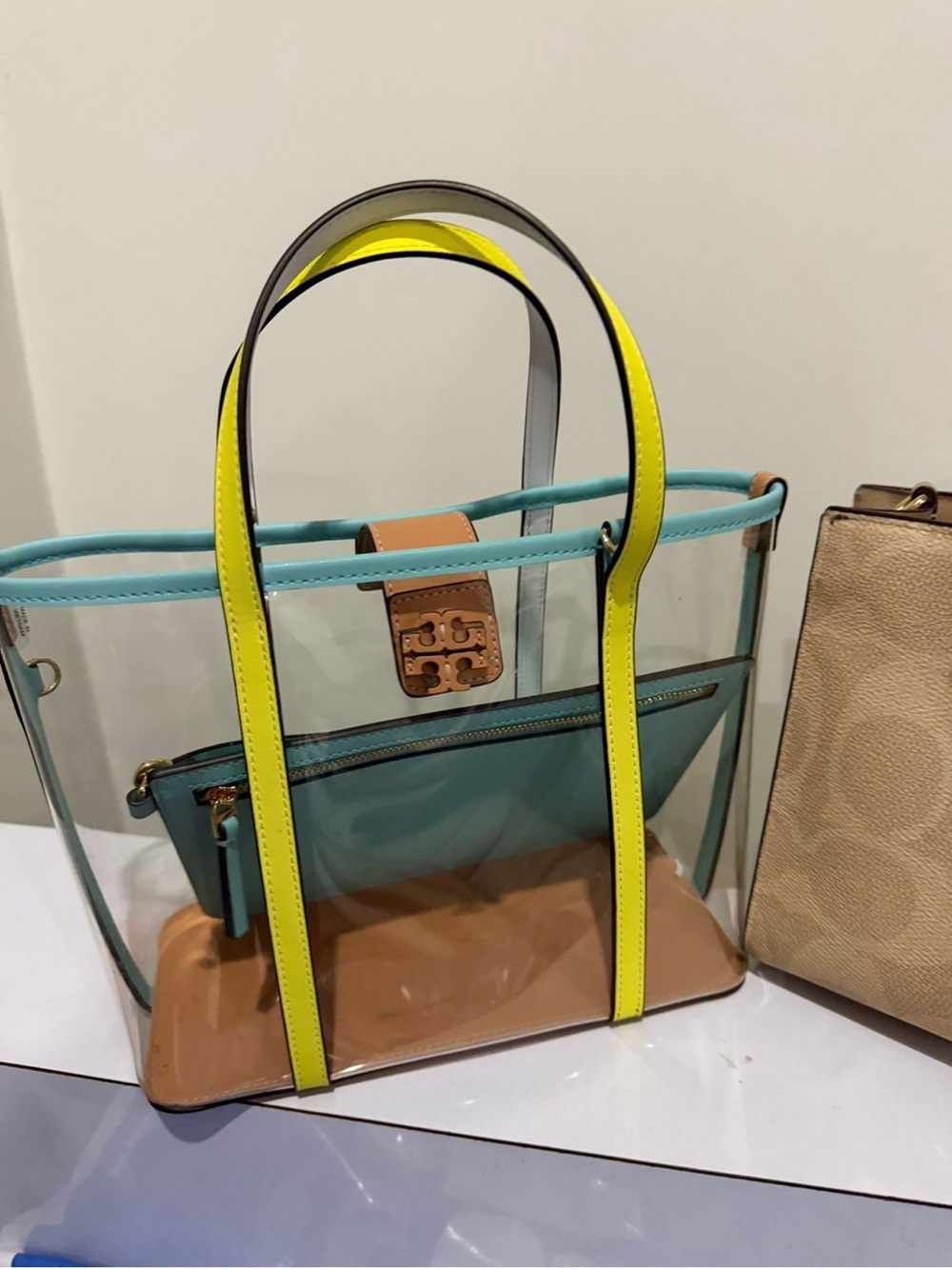 Tory Burch Clear Tote with Yellow Handles and Teal Trim